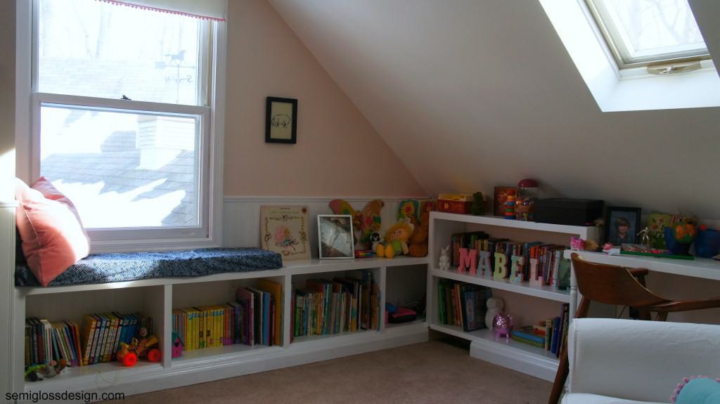 built in window seat and shelves