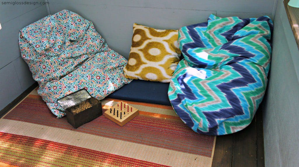 Inside of treehouse with beanbags