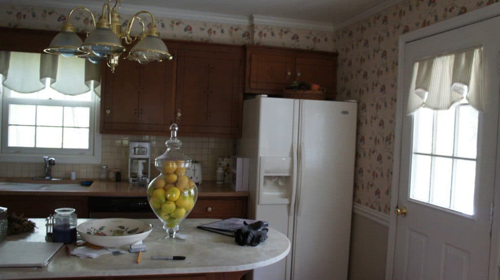 kitchen before covered in fruit wallpaper