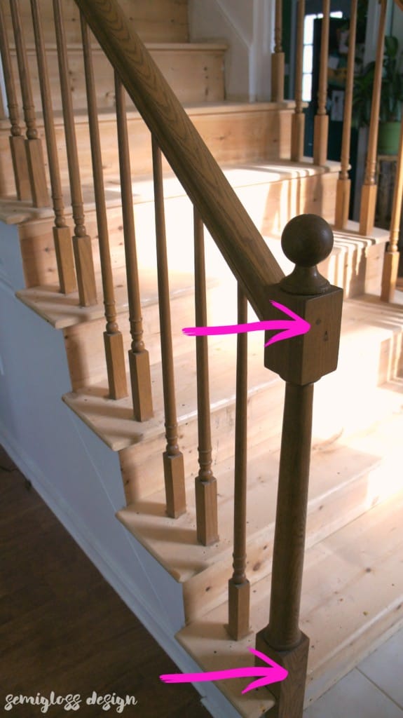 places to drill to remove screws in newel post of stairs