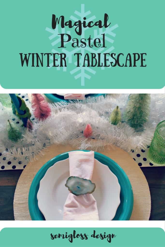 Bottle brush trees, agate and tinsel make a magical winter tablescape. 