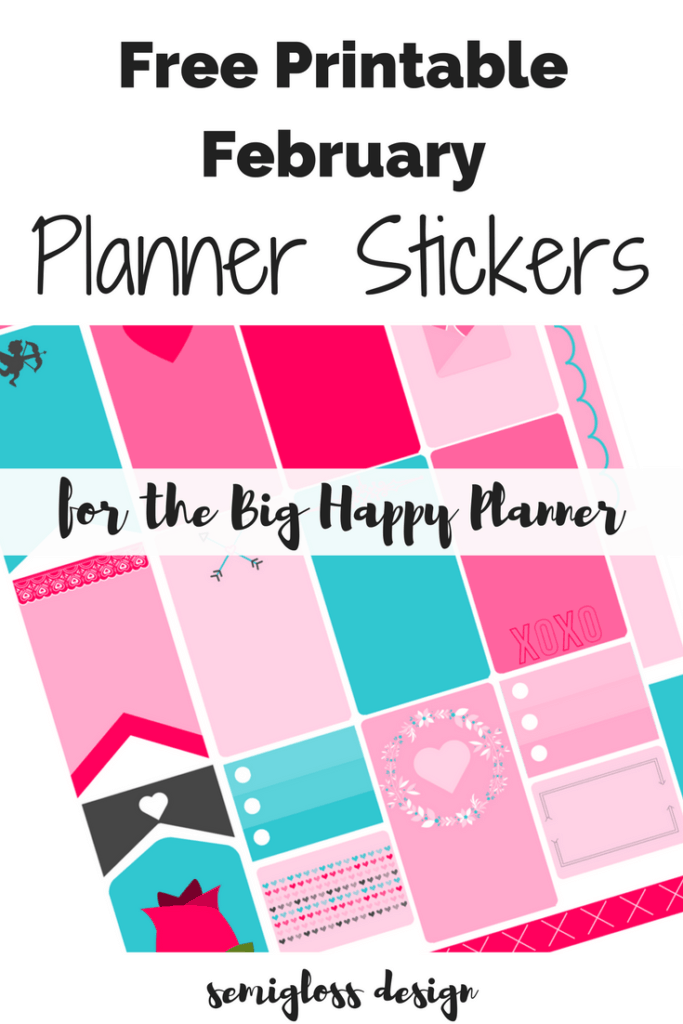 Free printable Big Happy Planner stickers for the month of February in pinks, red and blue. Click here for your free download!