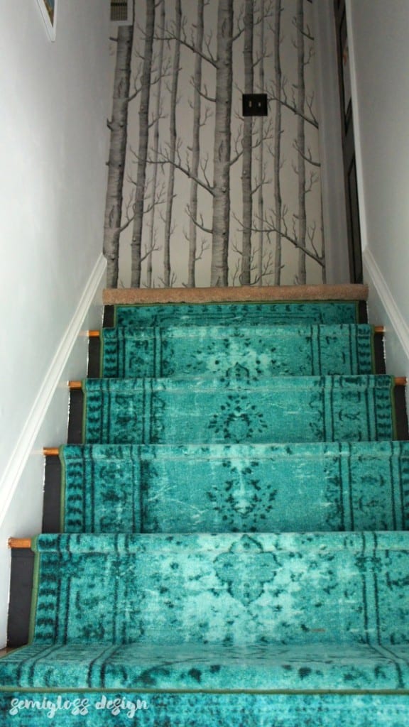 modern teal stair runner with in the woods wallpaper