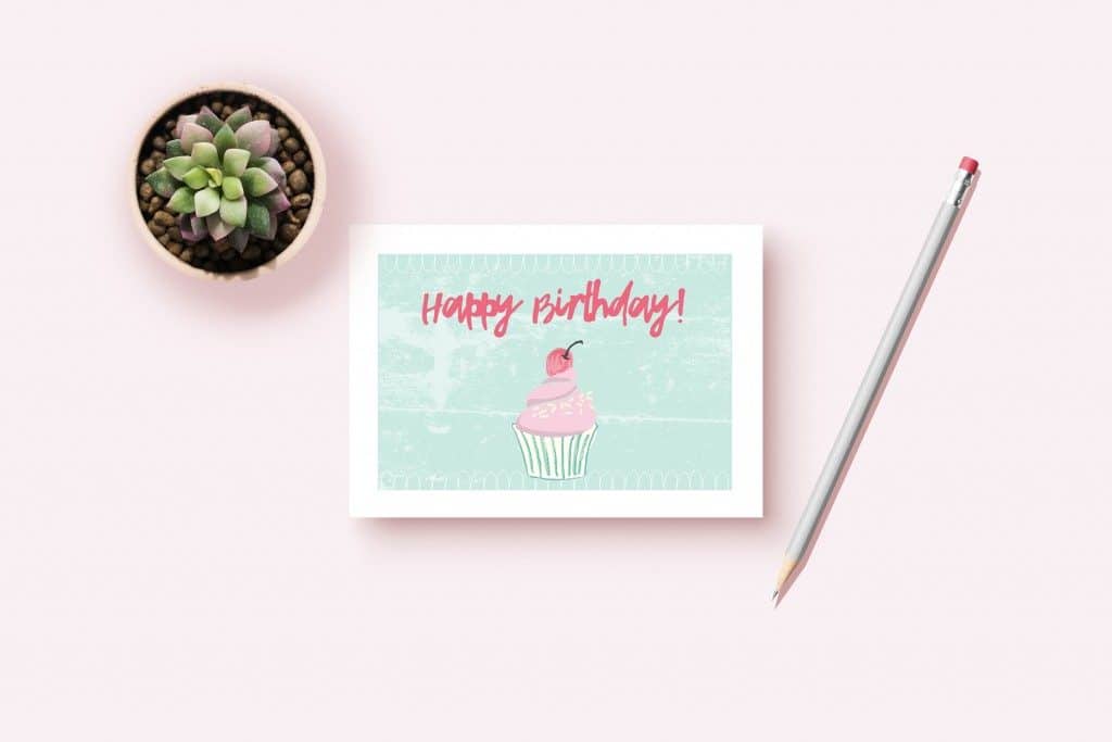 printable birthday card with cute cupcake illustration