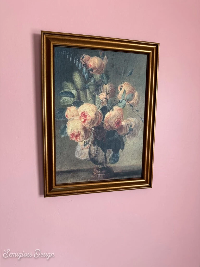 rose art in pink bathroom