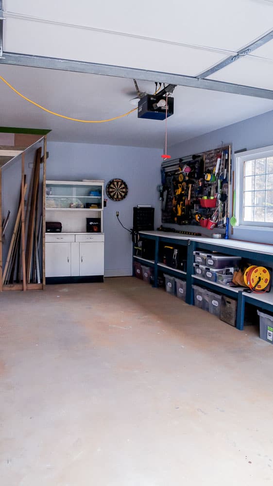 garage makeover with vintage metal cabinet