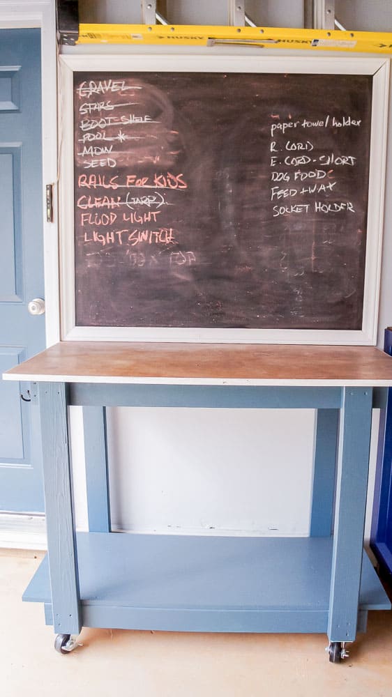 work table and chalkboard wall in garage