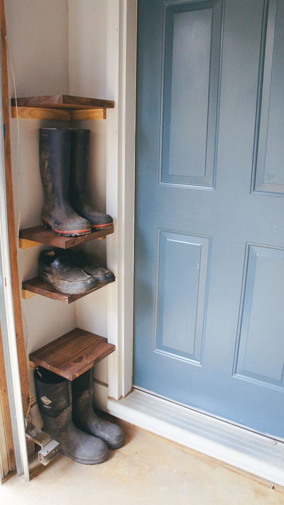 DIY shoe shelf in garage corner