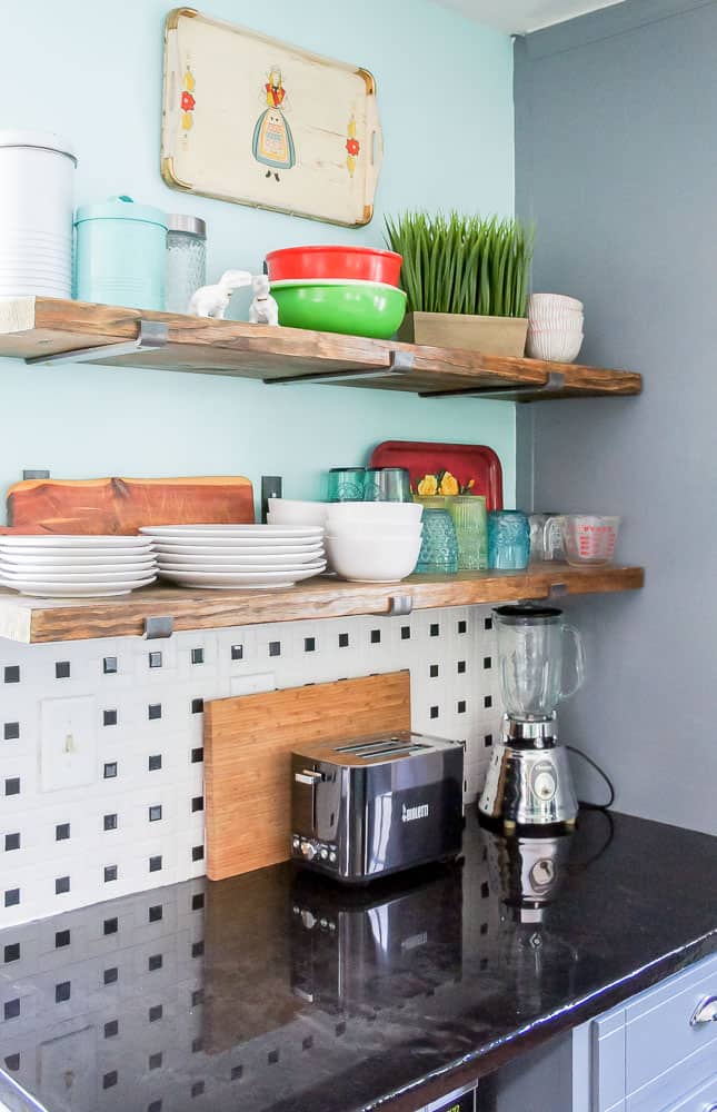 open shelving in kitchen