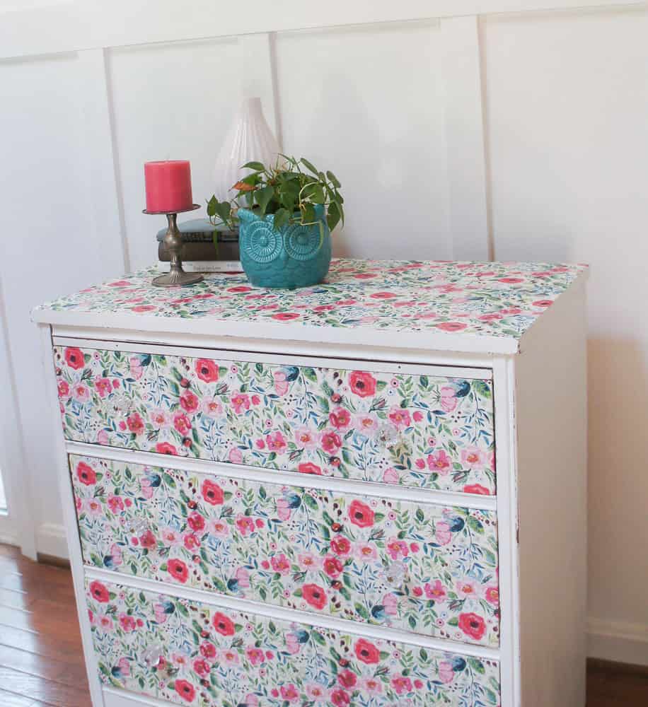 floral napkins decoupaged on dresser