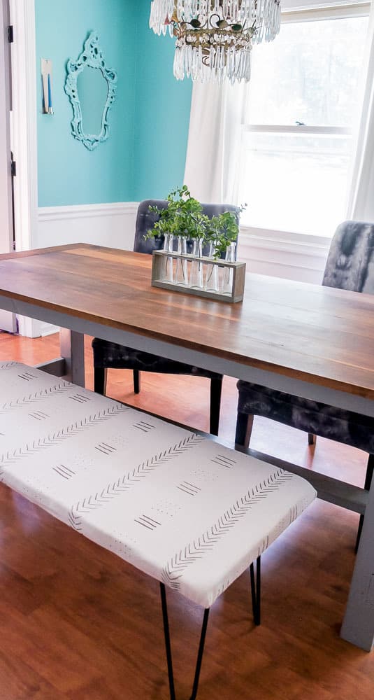 DIY mud cloth upholstered bench