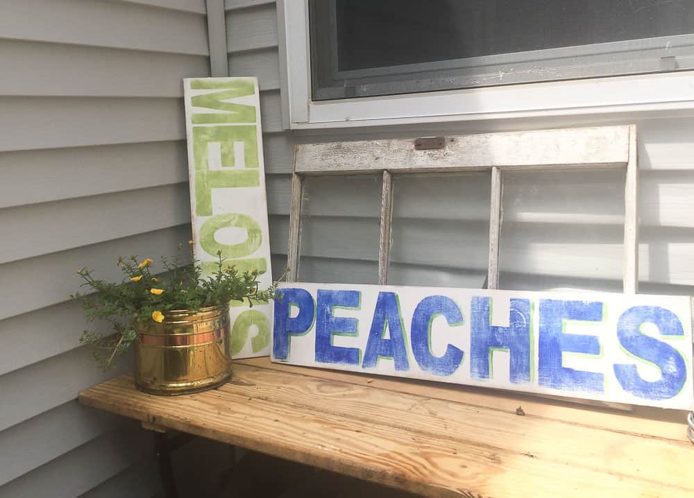 Stenciled signs on table