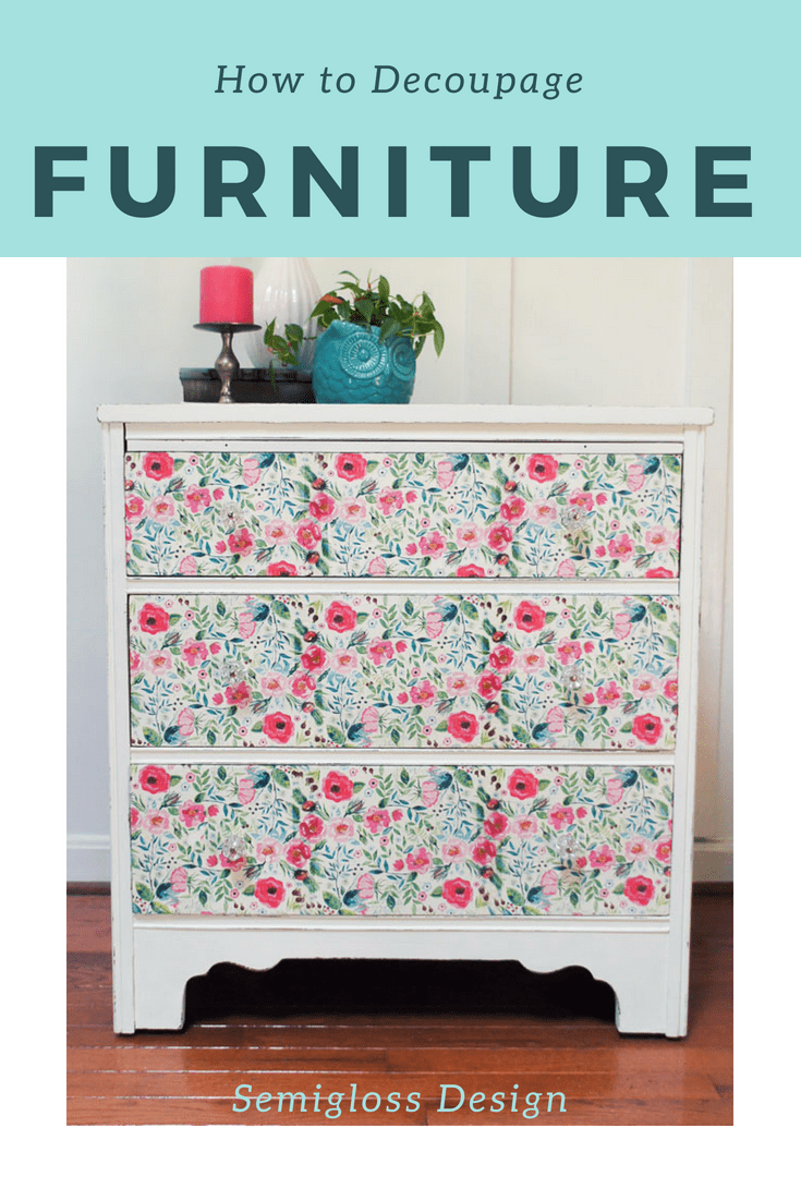 pin image- floral decoupage dresser with text overlay