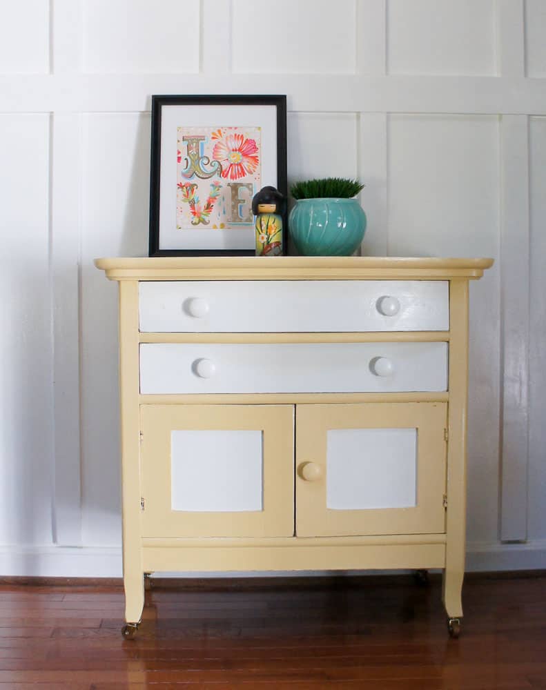 washstand painted yellow and white