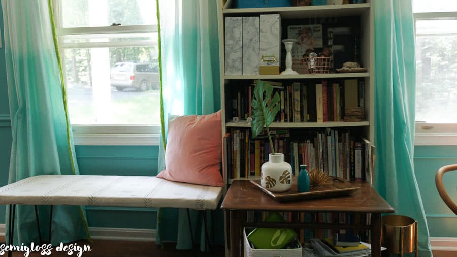 ombre curtains and mudcloth bench