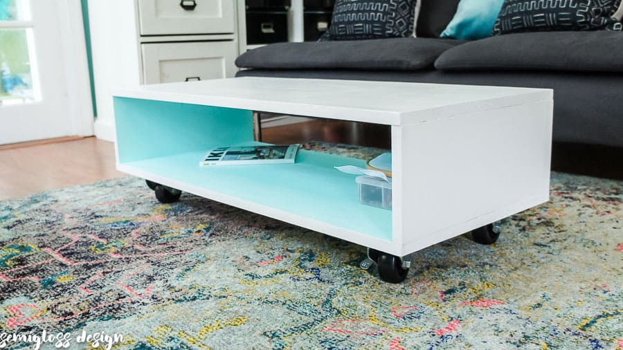 long, low coffee table on casters