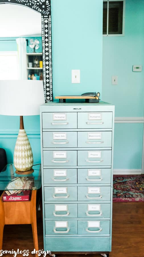 vintage filing cabinet with labels