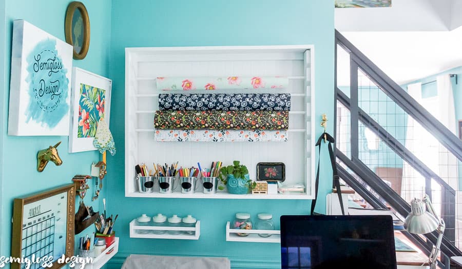 home office makeover with wrapping paper organizer