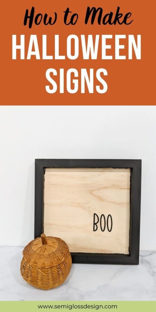 pin image - Halloween sign that says Boo with wicker pumpkin basket