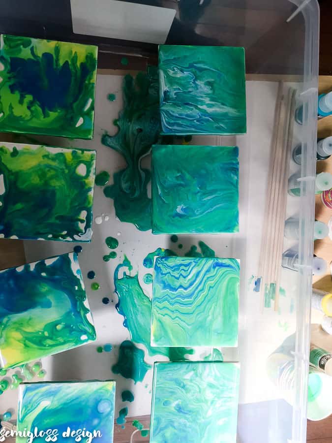 paint pour coasters, drying