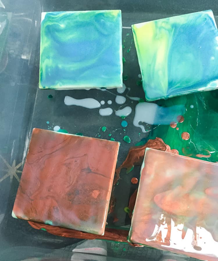 paint pour coasters with top coat, drying