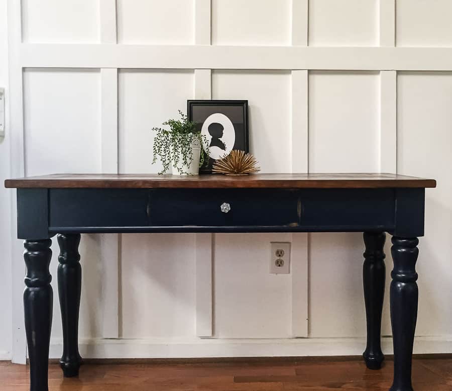 refinished console table with navy paint and stained table top