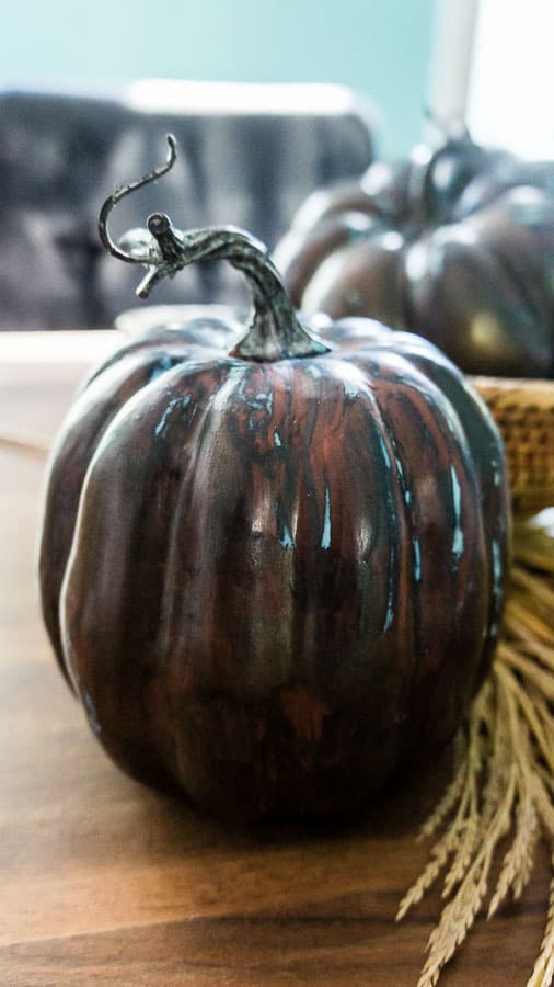 close up of painted metallic pumpkin patina