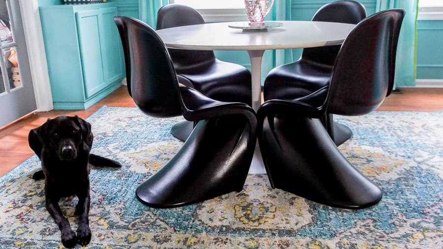 modern dining table and cute black lab