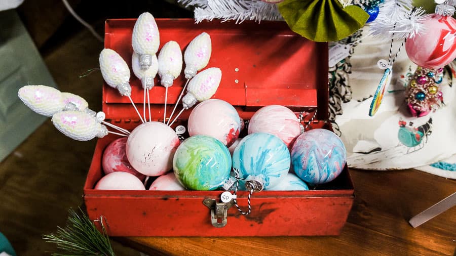 Swirl ornaments with bakers twine hangers