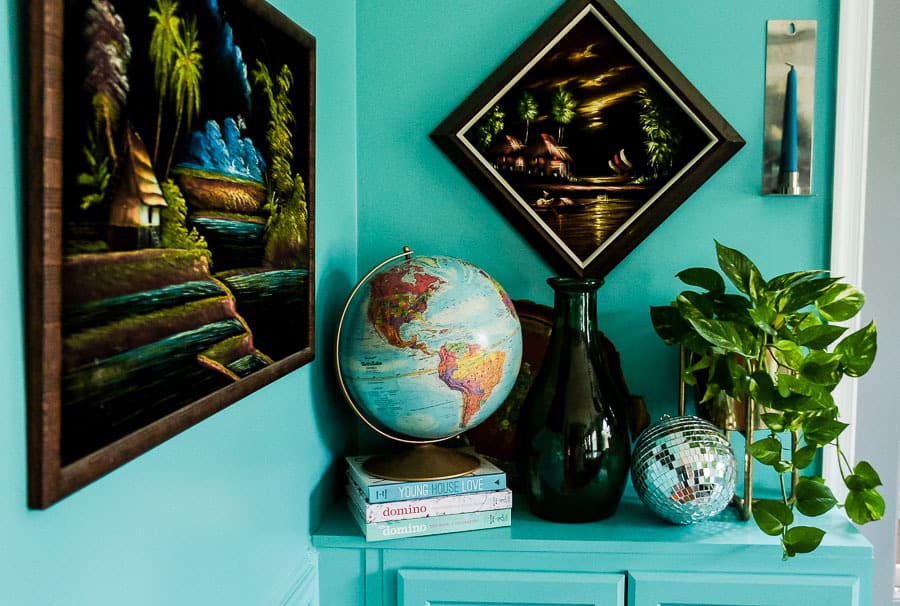 disco ball on cabinet adds holiday flair