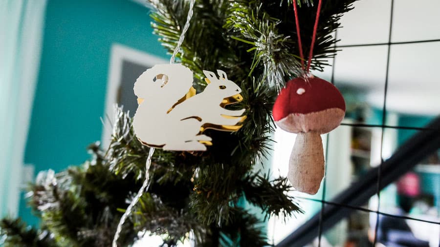 squirrel light and mushroom ornament on garland