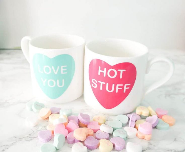 DIY valentines mug featuring conversation hearts