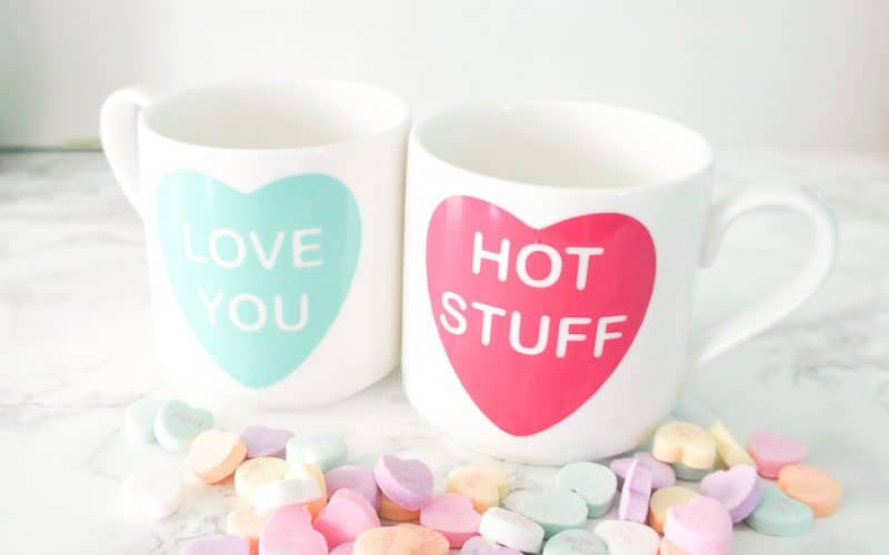 DIY valentines mug featuring conversation hearts