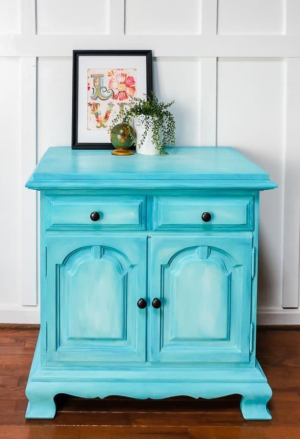 aqua layered chalk paint cabinet