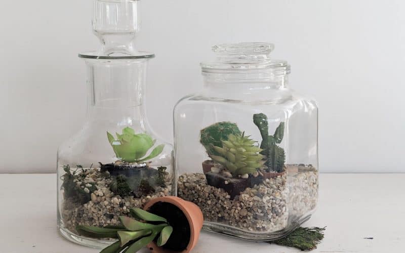 fake succulents in upcycled jars