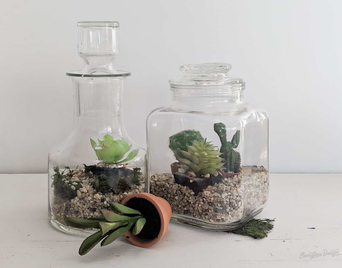 fake succulents in upcycled jars