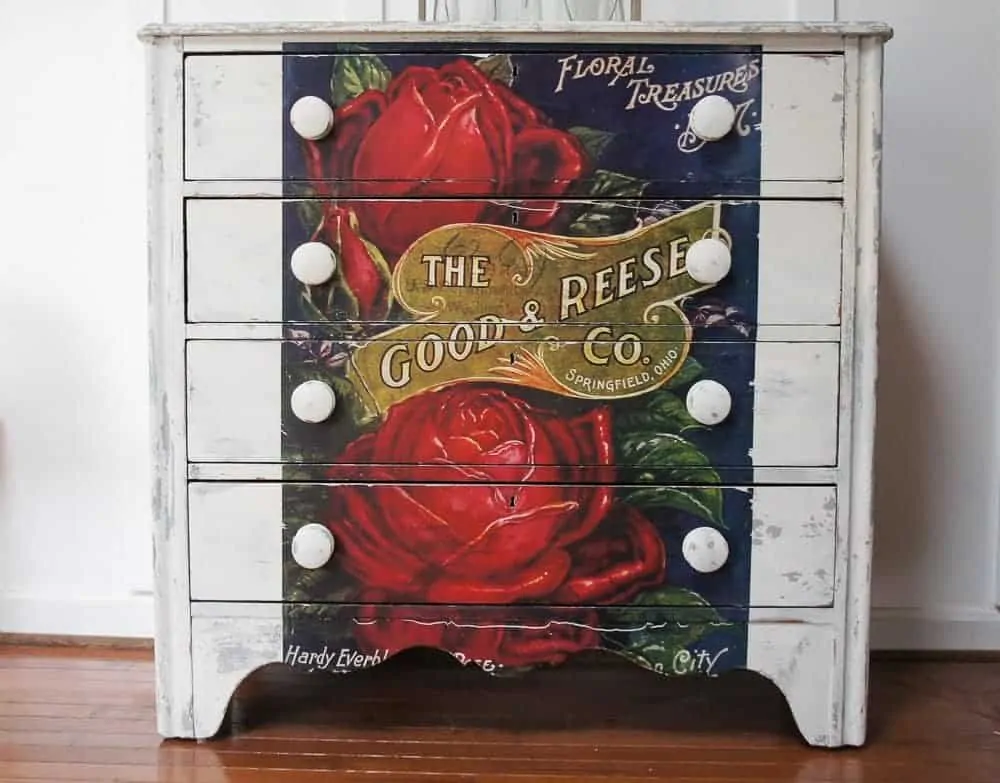 white chippy dresser with IOD furniture transfer