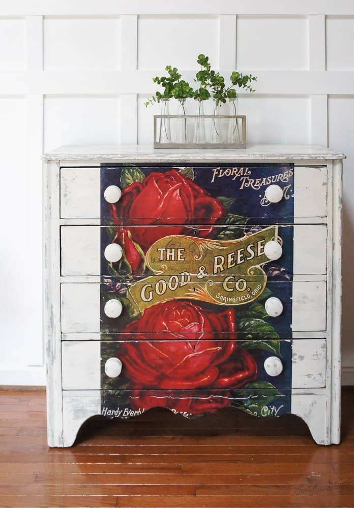 rose transfer on milk painted dresser