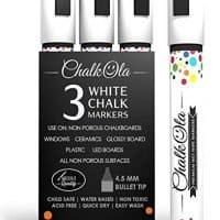 White Chalk Markers - Pack of 3 chalk pens - Use on Chalkboard, Windows, Blackboard, Signs, Glass, Bistro - Water based wet wipe erasable pen - 4.5 mm Reversible bullet & chisel Tip