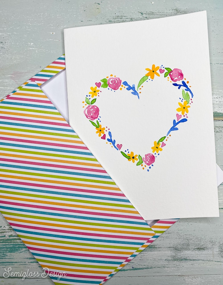 striped envelope with watercolor heart card