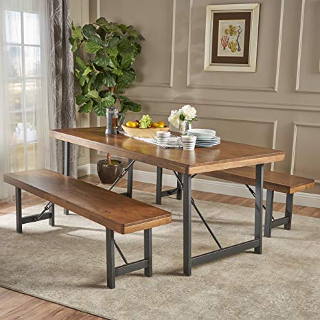 Blane Farmhouse Cottage 3 Piece Natural Walnut Finished Rubberwood Table and Bench Set