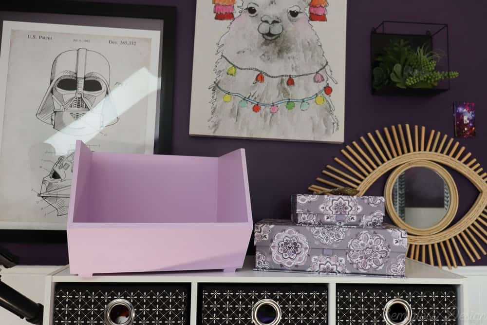 purple bins in tween bedroom for art storage