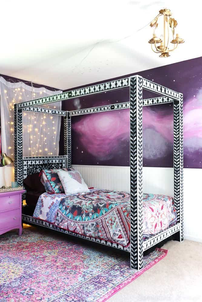 boho bedroom with color and pattern galore