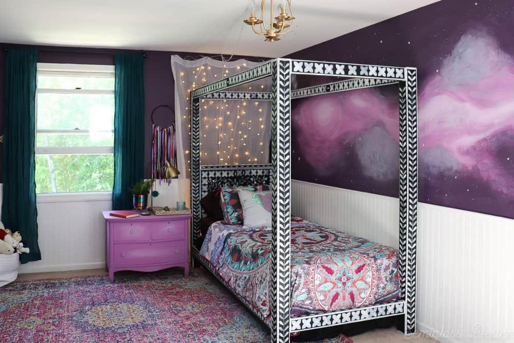 purple boho bedroom with bone inlay canopy bed