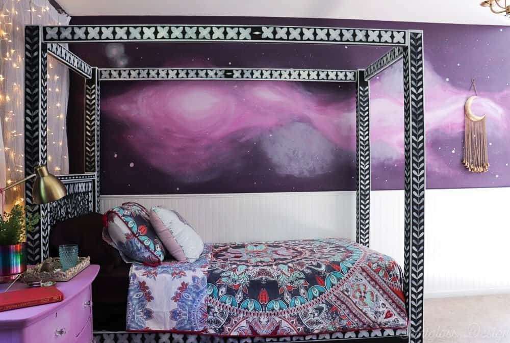 stenciled bone inlay canopy bed with boho bedding