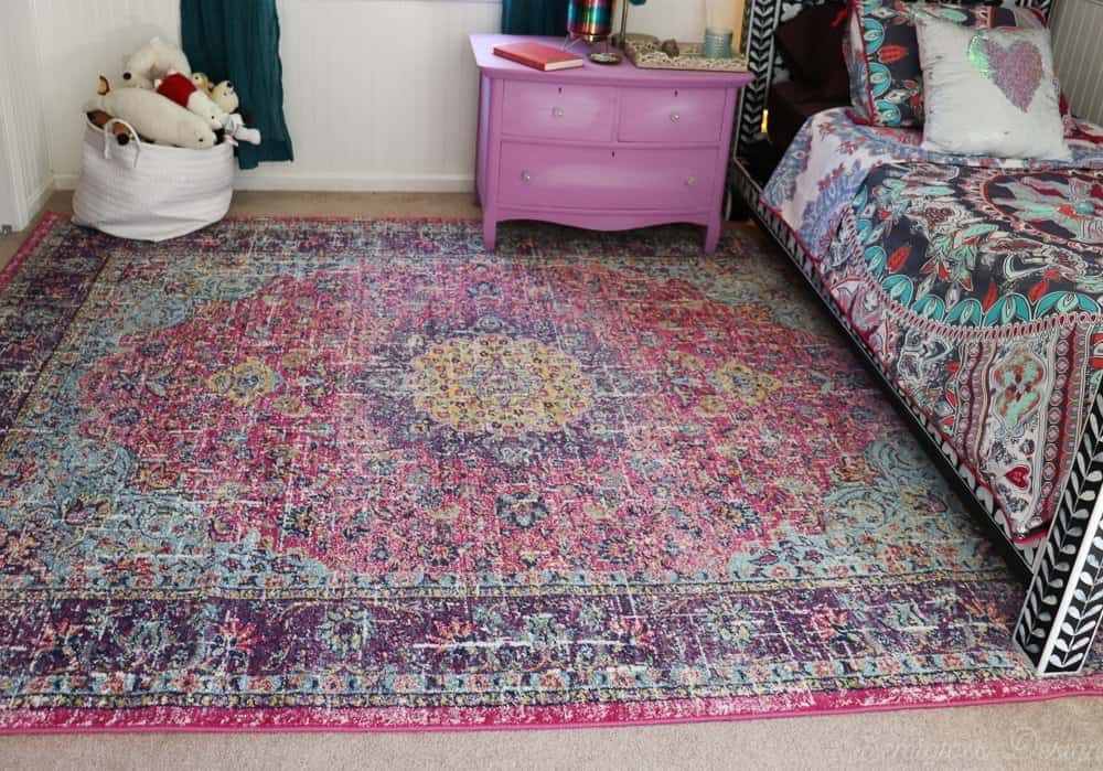 boho rug in tween bedroom