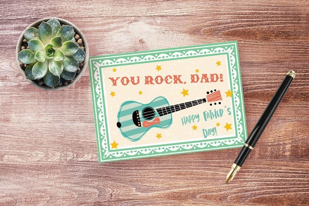 Printable Father's Day card featuring retro guitar image.