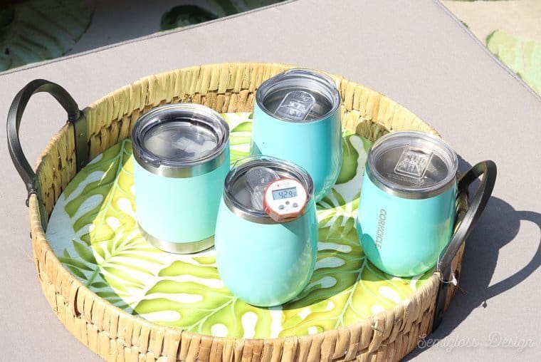 testing temperatures of water in wine tumblers after sitting in sun