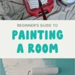 collage of paint tray and roller painting white over teal paint