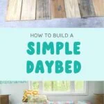 collage of wooden platform and finished daybed with teal bedding